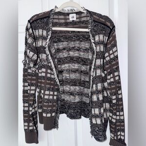 CAbi Plaid Open-Front Fringe Cardigan in Black, Gray & Cream